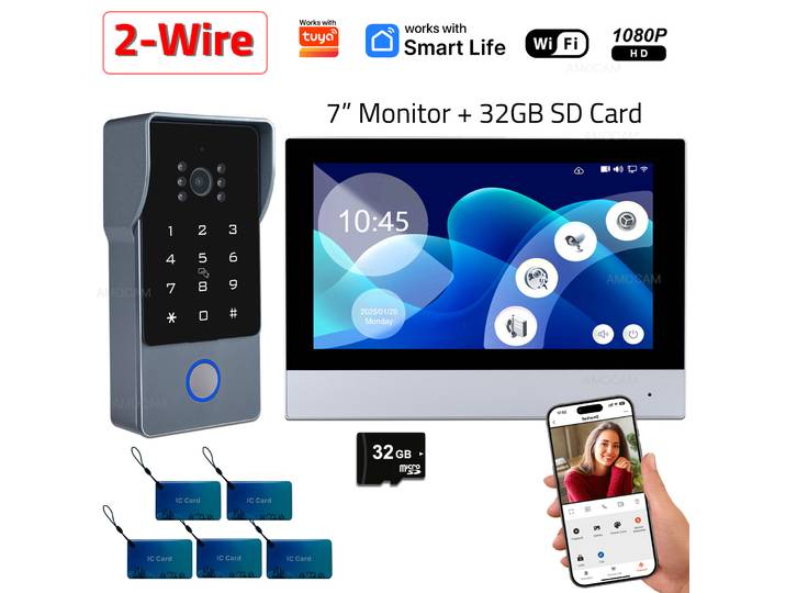Système d'interphone vidéo intelligent Wi-Fi 1080P à 2 fils pour maison connectée, compatible Tuya, avec moniteur tactile 7'' et sonnette vidéo/caméra de porte