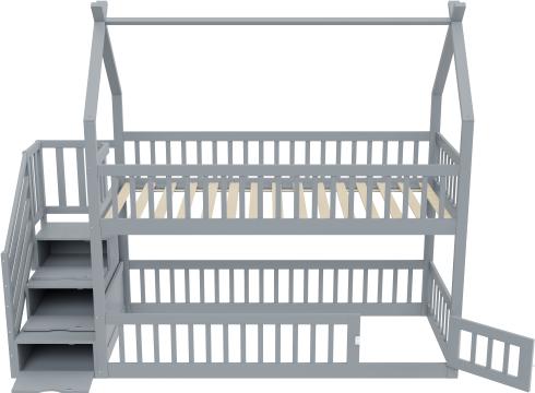 Ohne Matratze Grau Kinder Etagenbett 90x200cm Massivholz Mit Dach Sicherheitstreppe 2 Stauraumschubladen