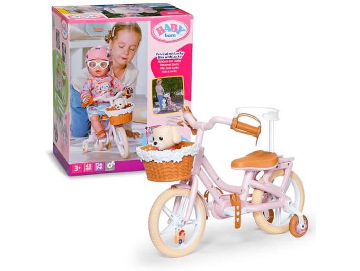 BABY born Fahrrad mit Lucky für 43 cm Puppen Korb, Lenkstange, Stickerbogen, passend für 43 cm Puppen