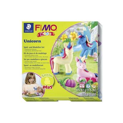 STAEDTLER FIMO kids 8034, ofenhärtende Modelliermasse, Set Unicorn mit 4 Blöcken 42 g, Modellierstab