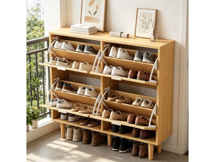 Meuble à Chaussures 4 Abattants - Armoire à Chaussures Design - Meuble de Rangement Entrée 20 Paires - Bois Clair