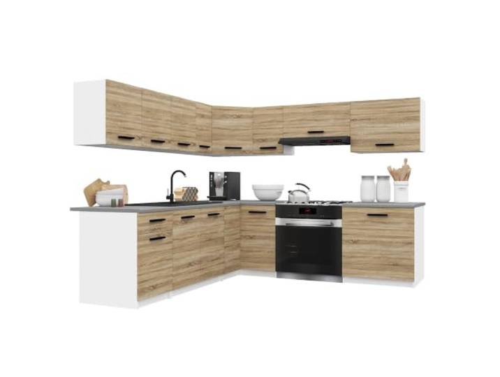 Belini ITALIA 7 Eckküche Küchenblock 420cm Sonoma Eiche Küchenset als Eckküche, weiße Korpusse, DECOR ECONATURA Material, kratzfest, ohne Elektrogeräte, mit Arbeitsplatte