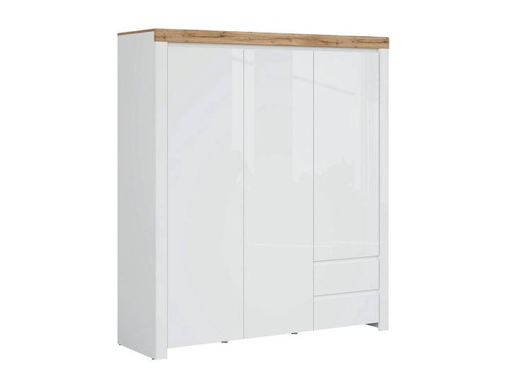 Petits-meubles Kleiderschrank 3 Türen Hella Weiß und Holz, Holzwerkstoff, 2 Schubladen, 180x203x56 cm, Schlafzimmer, Kleiderschränke