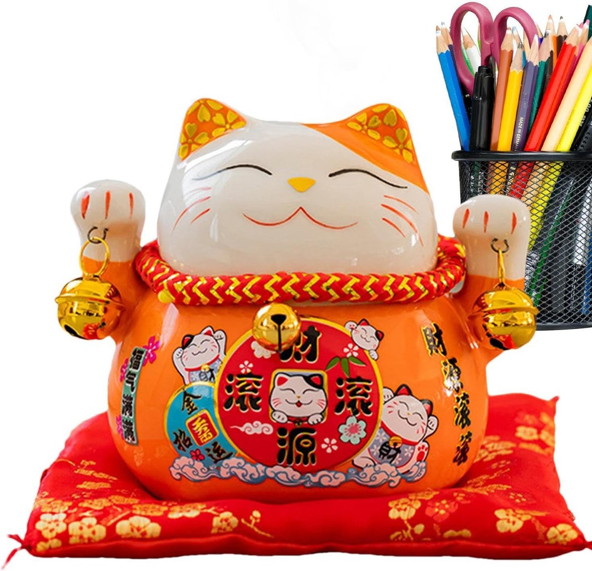 Oranje Gelukskat Beeldje van Keramiek - Decoratieve Kat voor op Tafel - Hoogte: 11,5 cm
