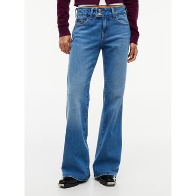 Bootcut-Jeans TOMMY JEANS "SIA LOW RISE BOOTCUT BJ0133", Damen, Gr. 31, Länge 30, blau (denim medium), Denim/Jeans, Obermaterial: 99% Baumwolle, 1% Elasthan, Abriebeffekte, bootcut fit lang, Jeans, Baumwollmischung