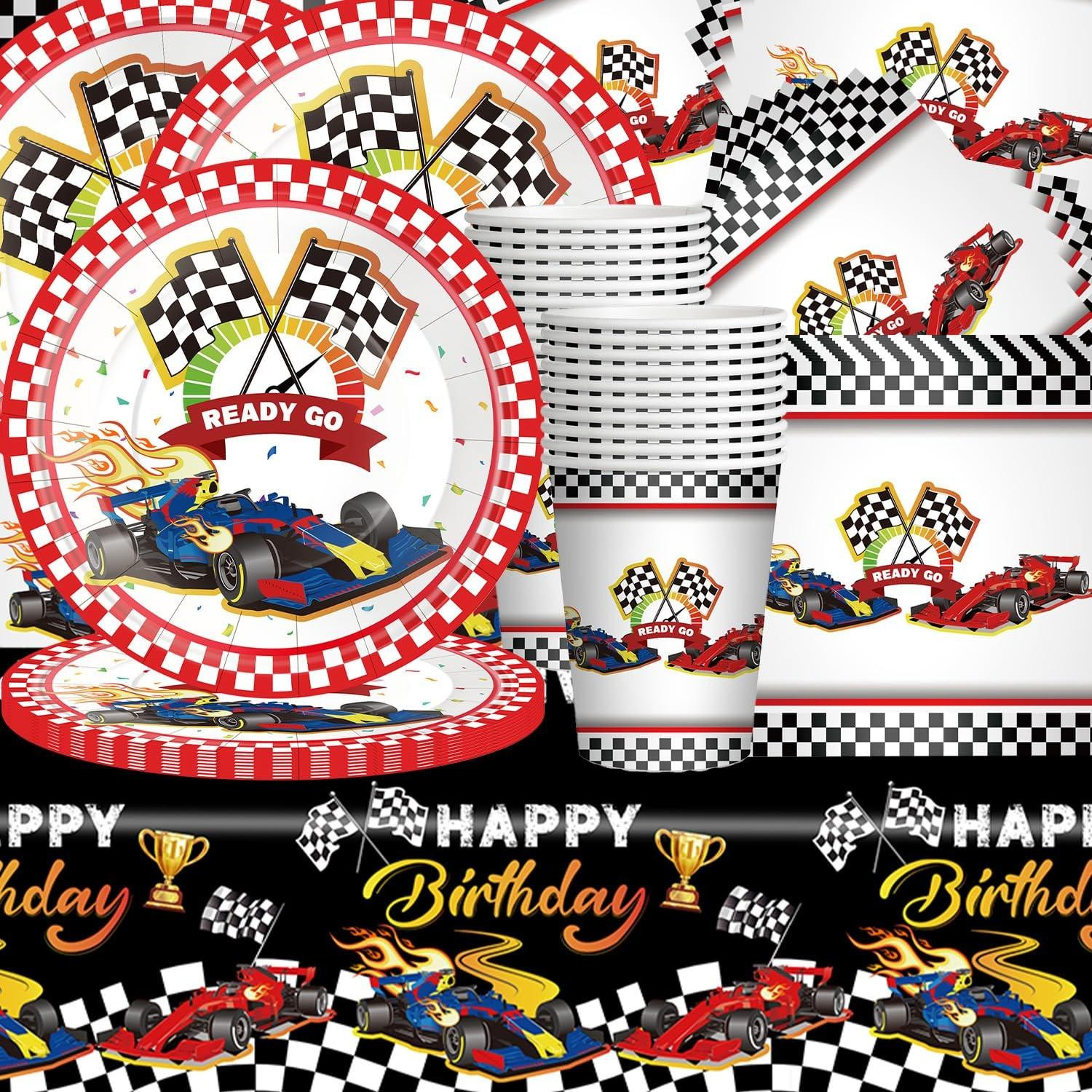 Omgoods 61-delige Zwarte Raster Racing Party Serviesset met Sportthema Decoratie