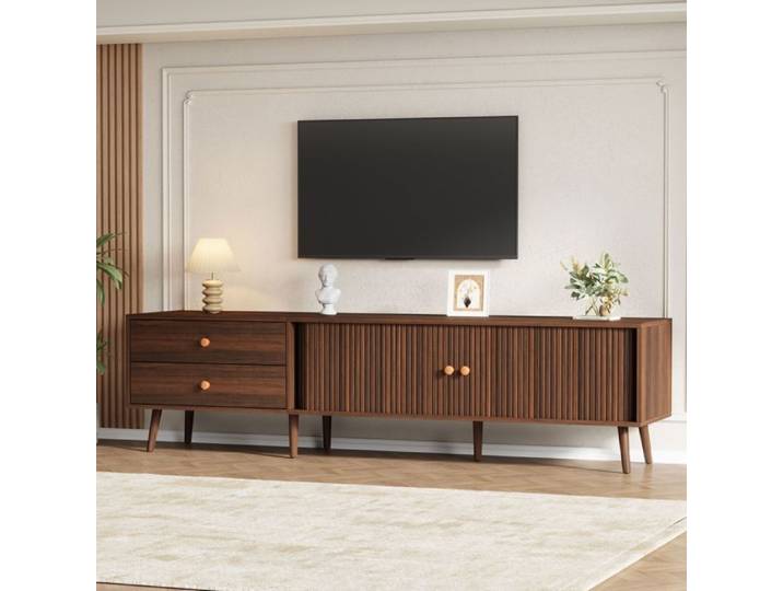 Meuble TV 180x40x46 5cm Finition Noyer Vintage - Meuble Télé - Idéal TV 80 Pouces 2 Portes Coulissantes 2 Tiroirs 8 Pieds