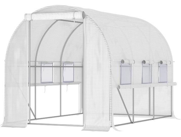 Outsunny Serre de jardin tunnel\, serre tunnel 6 m² avec 6 fenêtres et 1 porte enroulable\, toile PE structure en acier galvanisé\, blanc