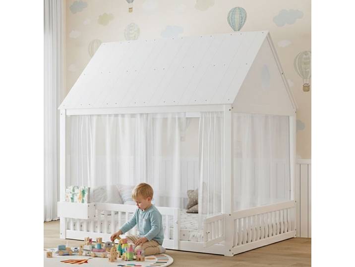 Lit de sol Montessori pour enfants 140x200cm avec rideaux blancs et compartiment de rangement lit cabane enfants(sans matelas)