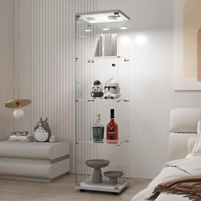 Kodotan sofa Tempered Glass Display Cabinet w/Battery-Powered Light & Adjustable Floor Feet for Flexible Placement on Uneven Ground.