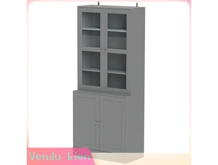 LIA Bibliothèque vitrine meuble de rangement à 6 niveaux avec 4 portes dont 2 en verre trempé étagères réglables gris