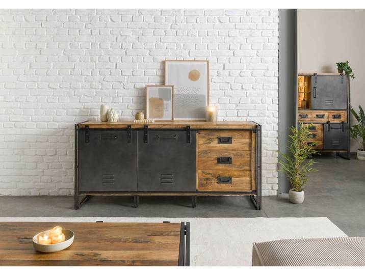 Sideboard Mango 195x45x90 natur lackiert / Metall grau BLACKBURN #307