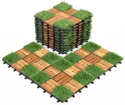 Costway Acacia Wood Interlocking Deck Tiles with Artificial Gras-Natural