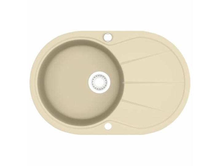 Küchenspüle aus Granit, Einzelwaschbecken, oval, Beige Hitzebeständig, Kratzer, Stöße, Siebkorb inklusive, umkehrbare Installation rechts links, leicht zu reinigen