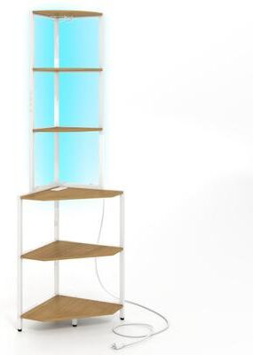 Costway 65 Inch 6-Tier Corner Shelf with Charging Station and Ambience Light-Natural