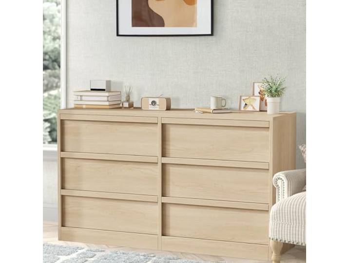 GarveeMore Kommode 6 Schubladen mit Holzgriffen, Naturholz, 118 cm 6 Geräumige Schubladen 118 cm Breite Natürliche Holzoptik Holzgriffe TV-Kommode Für Wohnzimmer Und Schlafzimmer