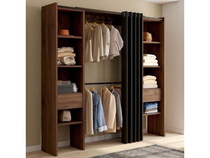 IDMARKET Dressing extensible double MERYL 120/180 x 50 x 180 cm noyer avec étagères + double penderie + rideau noir