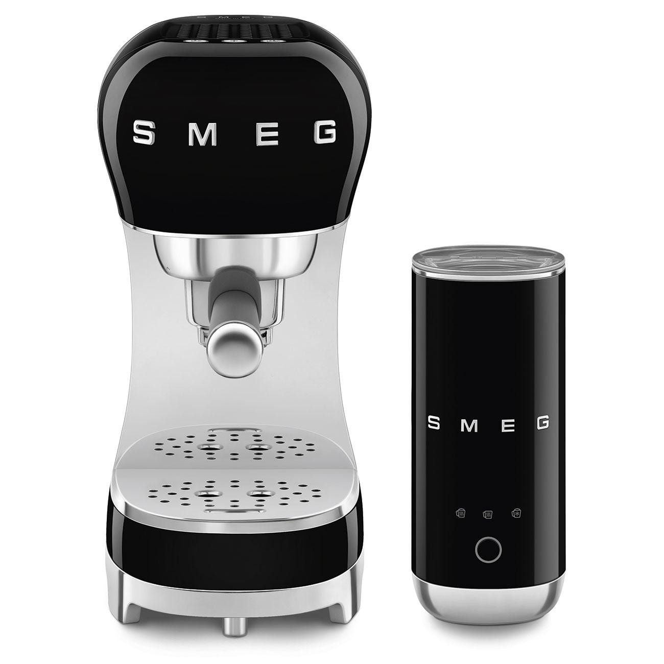 SMEG Kompakt-Bundle Siebträgermaschine 50s Style ECF00 + Milchaufschäumer MFF02 Schwarz ECF12BLEU