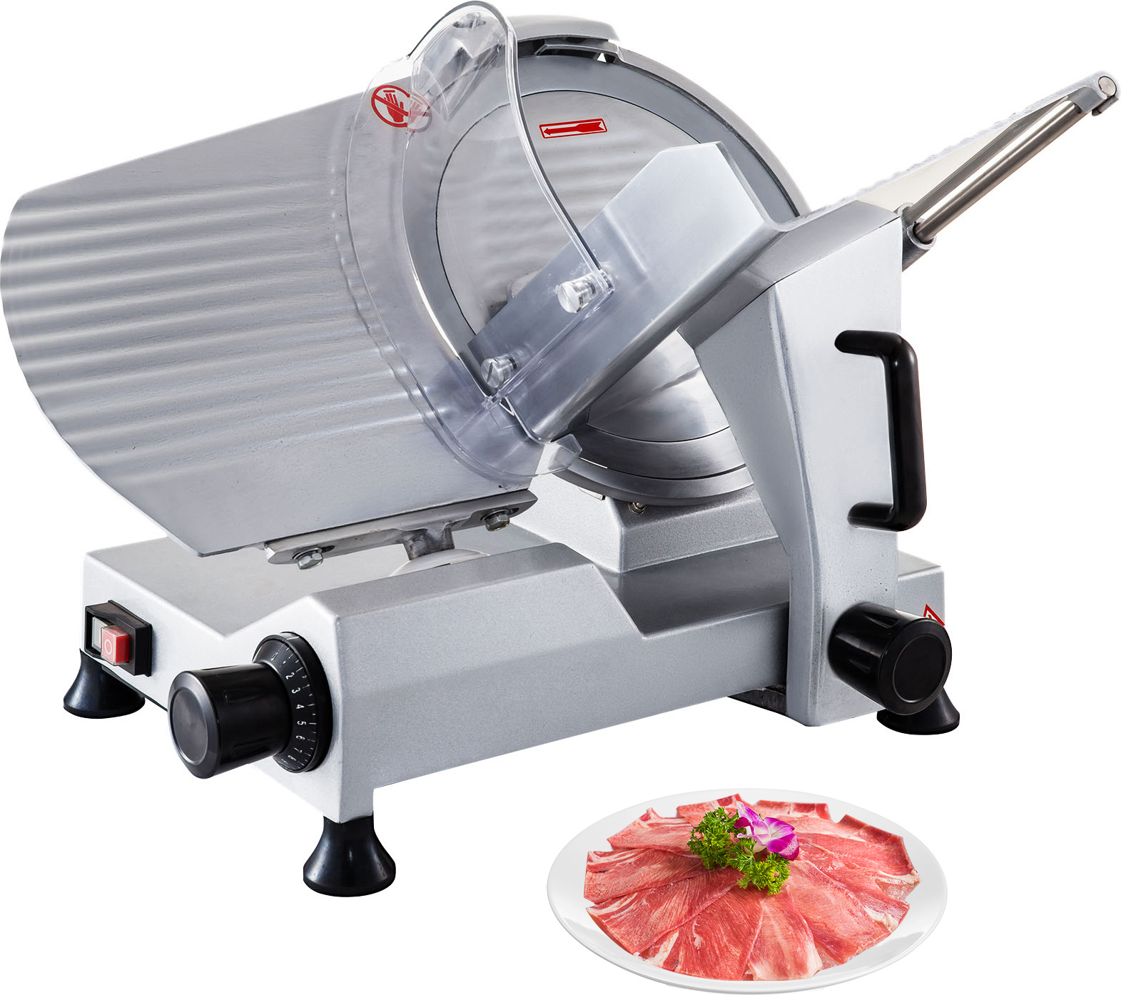 SucceBuy kommerzieller Fleischschneider, 320 W elektrischer Feinkostschneider mit 12-Zoll-Klinge Kohlenstoffstahl, 350-400 U/min, einstellbare Dicke 0-0,6 Zoll für Fleisch, Käse, Gemüse und Schinken
