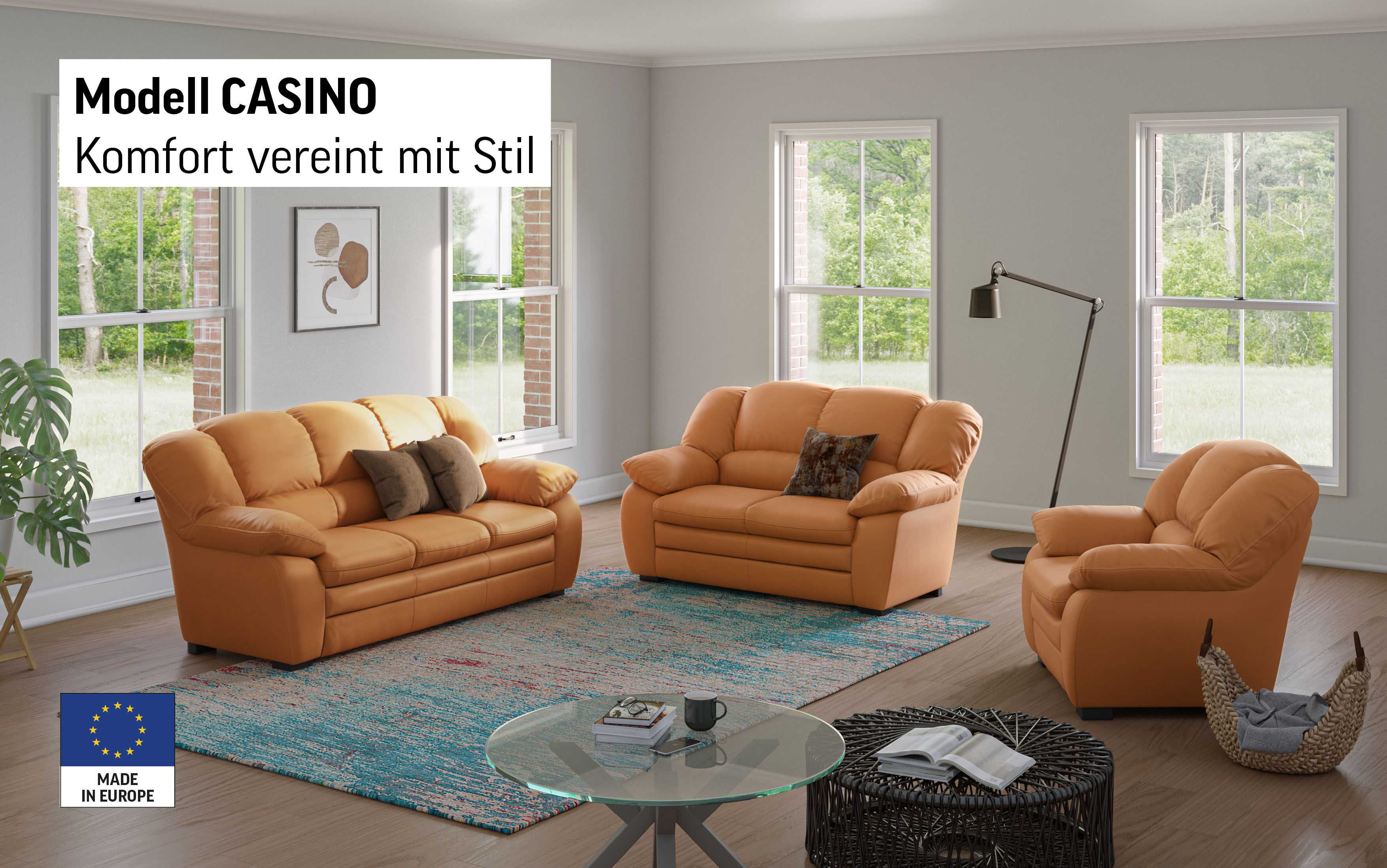 Polstergarnitur COTTA "Set Casino, klassische Wohnzimmergarnitur, Leder, Wellenunterfederung", grau (mouse), H:88cm T:92cm, Holzwerkstoff, Sitzmöbel-Sets, Polstergarnitur, Sessel, 2-Sitzer, 2,5-Sitzer, hohe Rückenlehne mouse B/H/T: 88cm x 92cm, Leder PAMP