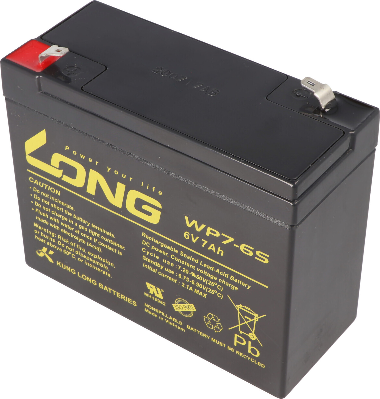 Kung Long WP7-6S F1 lood-vlies accu, 6 volt, 7 Ah met 4,8 mm Faston-aansluiting