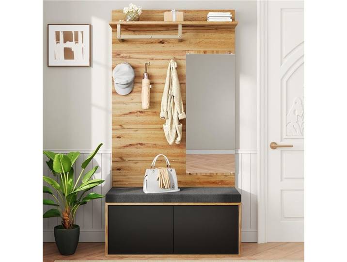 Kit vestiaire d'entrée avec miroir coussins et panneaux modulaires (fixation murale requise)