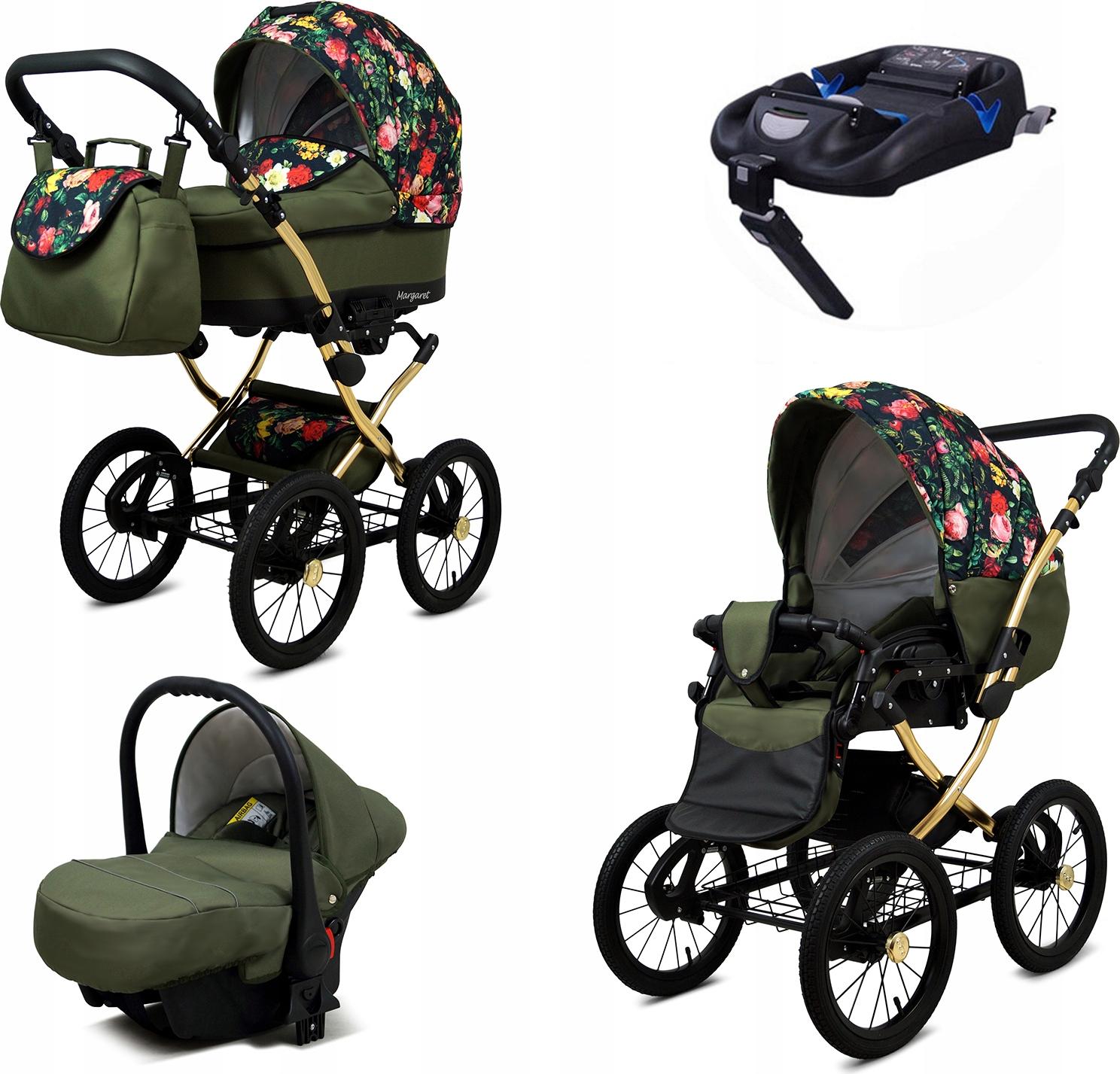 BabyLux Margaret Gold | 4in1 Kinderwagen Set | Roses With Tulips On Black | Kombikinderwagen |