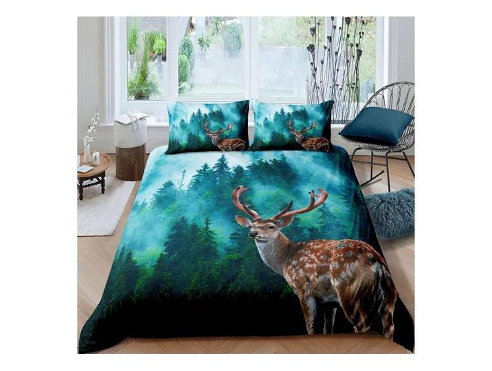 LuxusKollektion Kinderbettwäsche Bettwäsche 135x200 Hirsch Nebelwald Berg Grün