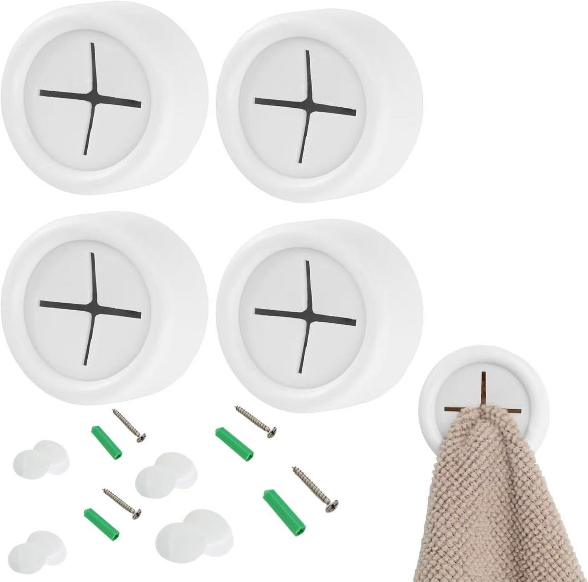 Daity Ronde zelfklevende push-pull handdoekhaken voor keuken en badkamer - Wit - 4-pack