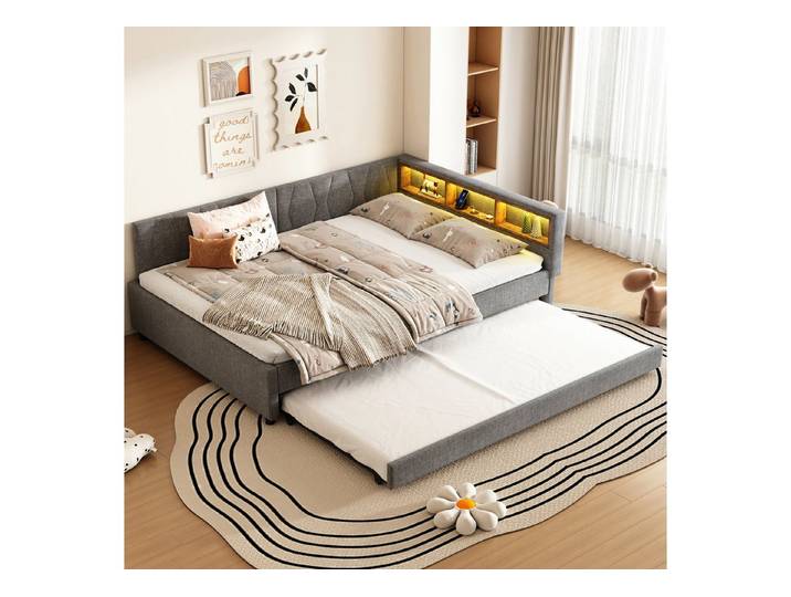 Flieks Daybett, LED Polsterbett Schlafsofa 140x200cm & Ausziehbett 90x190cm & Aufladen