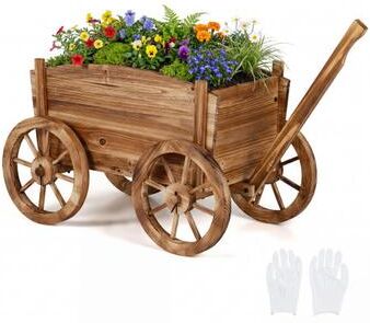 Costway Rustic Rolling Flower Pot Stand with Wheels and Handle-Coffee