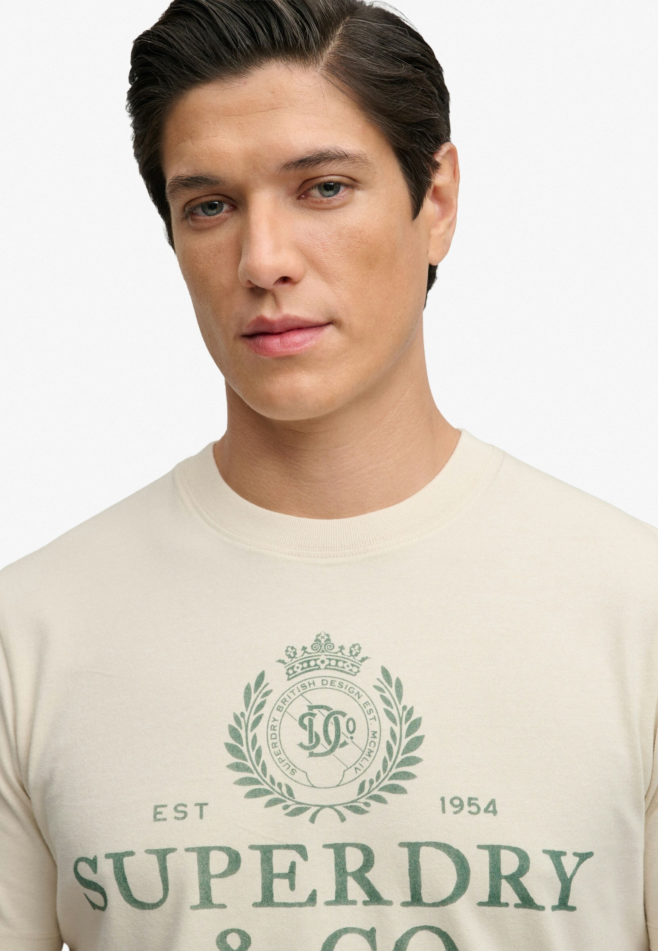 Rundhalsshirt SUPERDRY "1954 Company Relaxed Tee", Herren, Gr. S, beige (birch), Single Jersey, Obermaterial: 100% Baumwolle, bedruckt, relaxed fit normal, Rundhals, Shirts Rundhalsshirt, Baumwolle, relaxed fit birch S