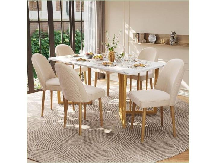 Assises pour salle à manger - 6 Chaises Beige Samt - Pieds Métal Doré - Moderne & Confortable