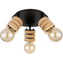 Deckenlampe Deckenleuchte Spotleuchte Holzlampe Holzleuchte, Spots beweglich 3 Flammig, Metall schwarz Holz natur, E27 Fassungen, DxH 28x17,5cm