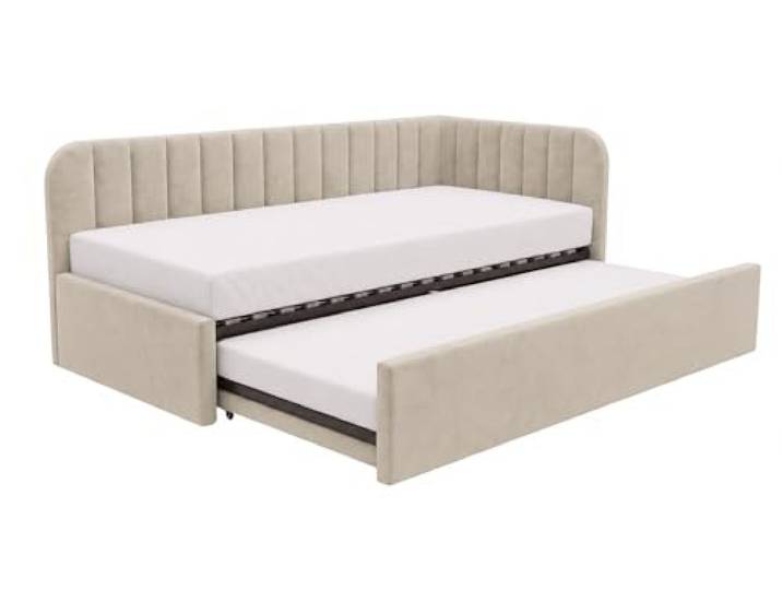 Kinderbett 90x200, Schlaffunktion, Matratze T28-30, Beige, Rechte Schlafsofa mit zwei Liegeflächen, Jugendbett mit einer Schublade für Bettwäsche, Weicher Stoff