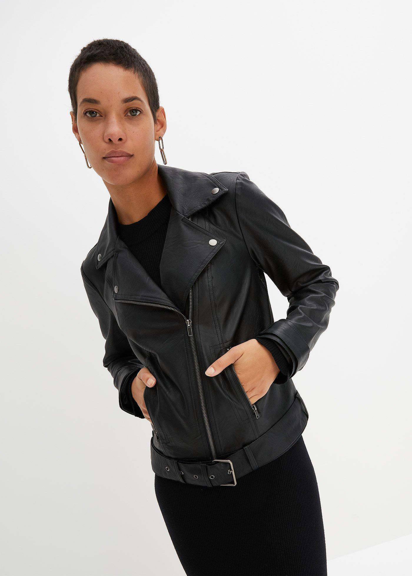 bonprix Biker-Jacke, schwarz, Gr.52, Lässige Biker-Jacke aus Lederimitat, aus Lederimitat,Viskose