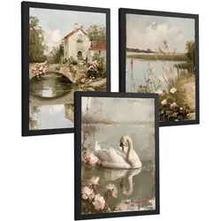 POSTER 3er Bilder-Set Wandbilder Ölmalerei modern Wohnzimmer Deko, Schlafzimmer, Küche, Badezimmer Schwarzer Rahmen A3