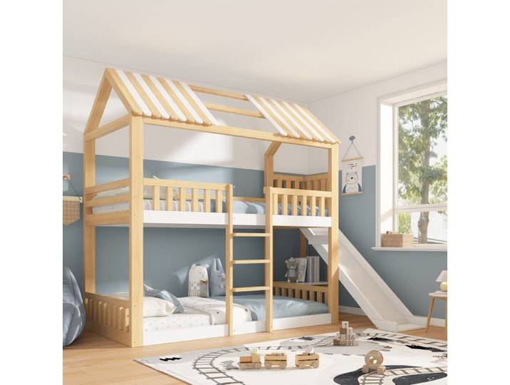 Lit Superposé Cabane Enfant LEMLIT 2x90x200 cm Toit Maison Toboggan 35 cm Étagère Certifié EN747 - Blanc Naturel