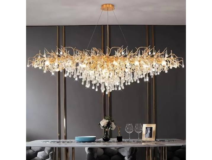 Leomix Modern Baumzweig-Kronleuchter, Luxuriöse Rechteckige Kristall-Regentropfen-Pendelleuchte, 12 Lichter Kücheninsel-Hängeleuchte Für Wohnzimmer, Esszimmer, Foyer, Eingangsbereich, Gold, L120cm