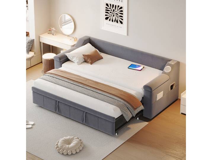 Lit Gigogne 90/180x190cm - Canapé-lit Rembourré Avec Système Stéréo Bluetooth\, Port Usb - Sans Matelas - Velours\, Gris