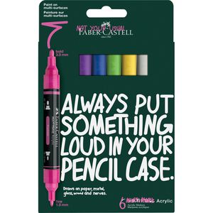 Faber-Castell Acrylstifte Multimark Acrylic Vibrant, farbig sortiert, Doppelspitze 1mm & 3mm, wasserfest, 6 Stück