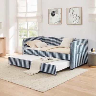 toswini Twin Gingham Upholstered Daybed with Trundle and Storage Pockets