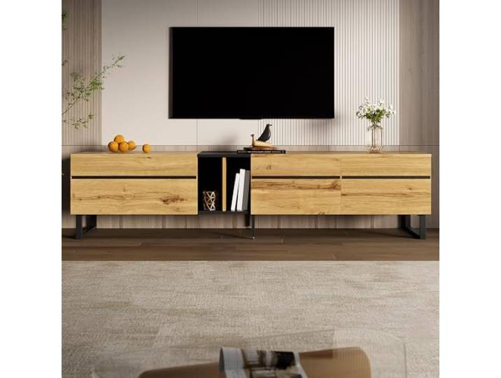 Merax TV-Lowboard Naturholzfarbe, Fernsehschrank mit Stauraum 180x38x45 cm Modernes Sideboard, Wohnzimmerschrank mit Doppeltüren, Lowboard für Wohnzimmer