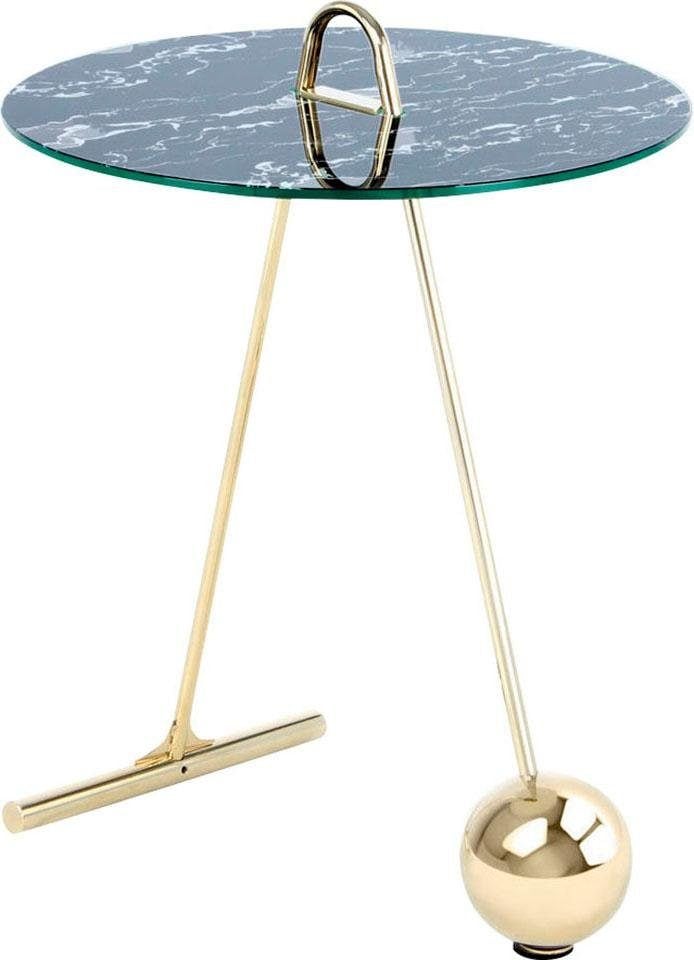 Beistelltisch KAYOOM "Pendulum 525, mit runder Tischplatte", schwarz (gold, schwarz), B:46cm H:60cm T:46cm, Stahl, Glas, Tische, Beistelltisch, Marmoroptik, Gestell im Pendel-Design, praktisch tragbar gold, schwarz B/H/T: 46cm x 60cm x 46cm