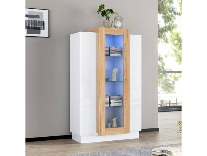 Buffet de cuisine Buffet salon Vitrine armoire avec 3 portes en verre et 10 compartiments Eclairage LED MDF 74x40x120 cm