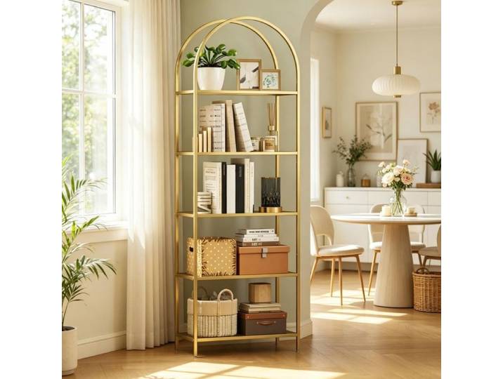Bibliothèque de rangement - Étagère de rangement en verre à 5 tablettes incurvées étagère bibliothèque moderne pour salon Doré