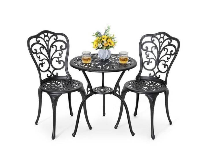 Avestar Ensemble Salon de Jardin 3 Pièces en Aluminium Coulé - Table Bistro avec Trou pour Parasol (Ø 4.5 cm)