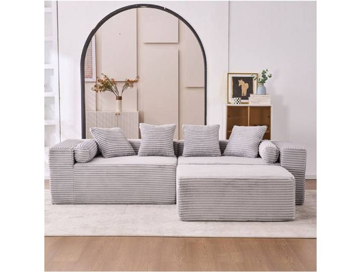 COVREO canape modulable d angle 3 places avec meridienne a droite en L tissu chenille gris sans montage