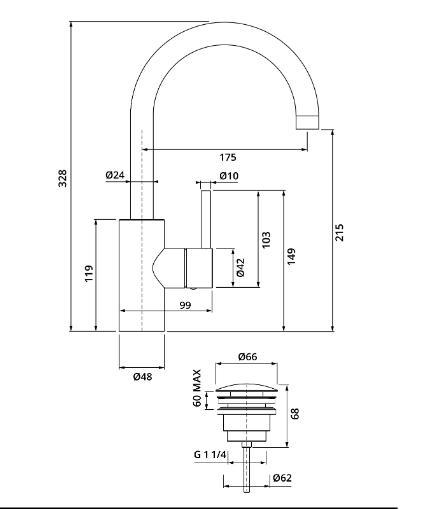 Herzbach DEEP Waschtisch-Einlochbatterie L-Size Niederdruck Griff seitlich mit PUSH-Ablauf Chrom