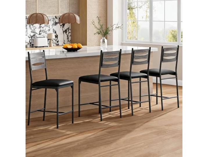 GarveeMore Barhocker 4er-Set, Sitzhöhe 57 cm, mit Rückenlehne, Grau 4er-Set Sitzhöhe 57 cm Kunstleder-Sitz mit Rückenlehne Metallgestell mit Fußstütze Grau